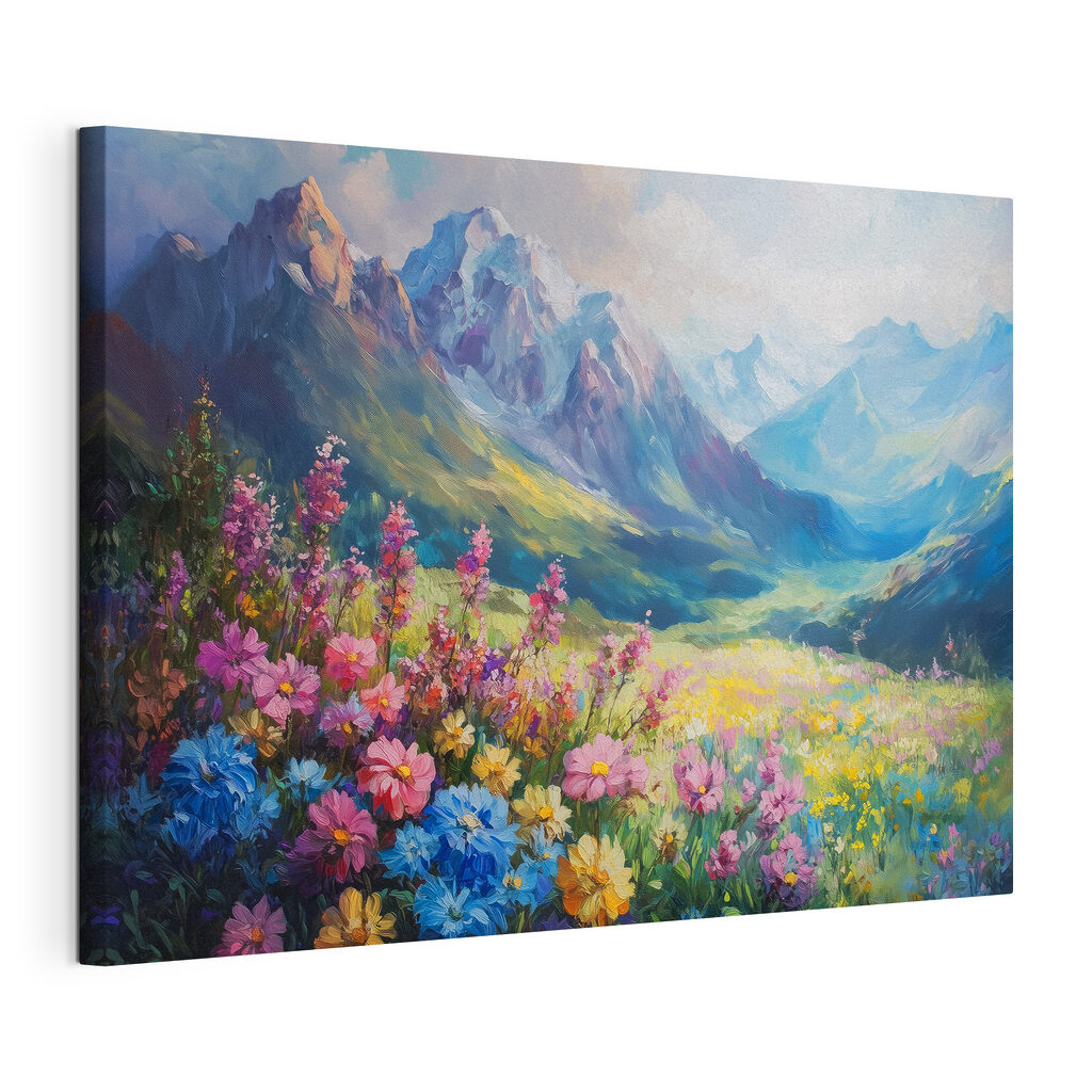 Painting of flowers in a field with mountains in the background