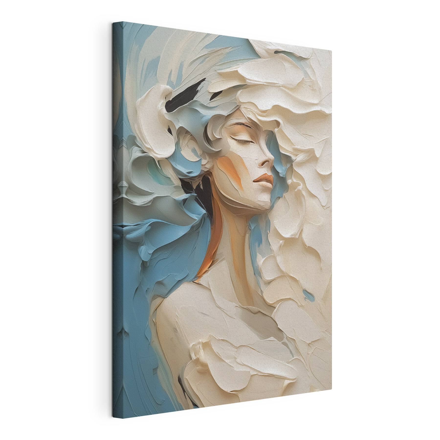 Painting of a woman with white and blue paint