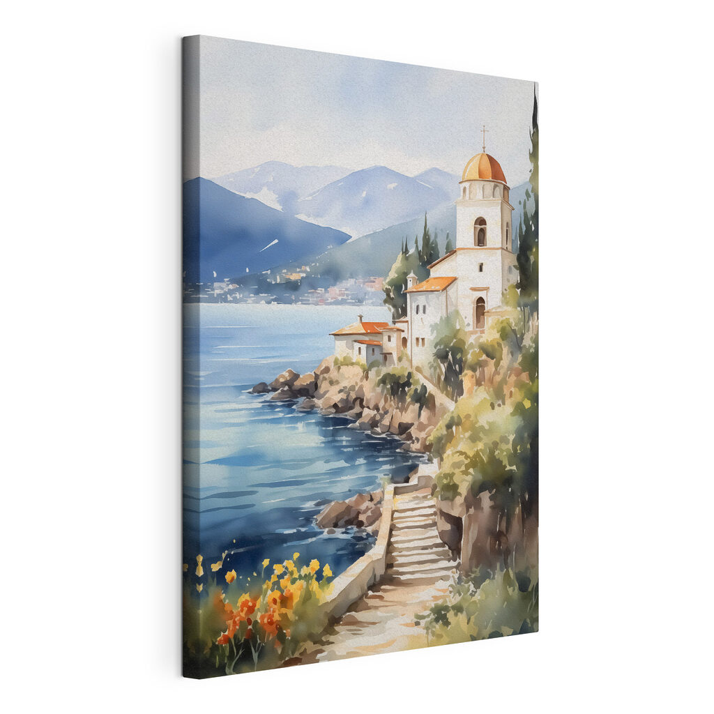 Watercolor painting of a building on a cliff by a body of water