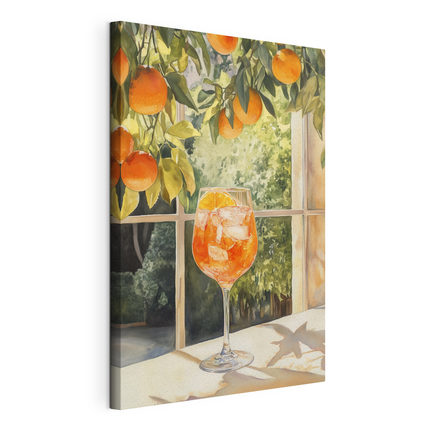 Glass of orange juice with ice and oranges from a window Glass of orange juice with ice and oranges from a window