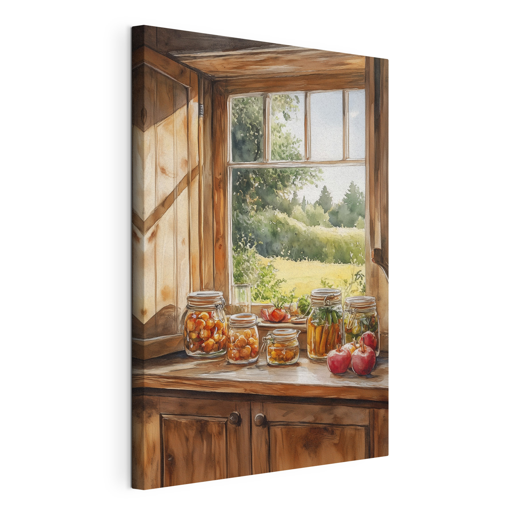 Watercolor of jars of food on a window sill Watercolor of jars of food on a window sill