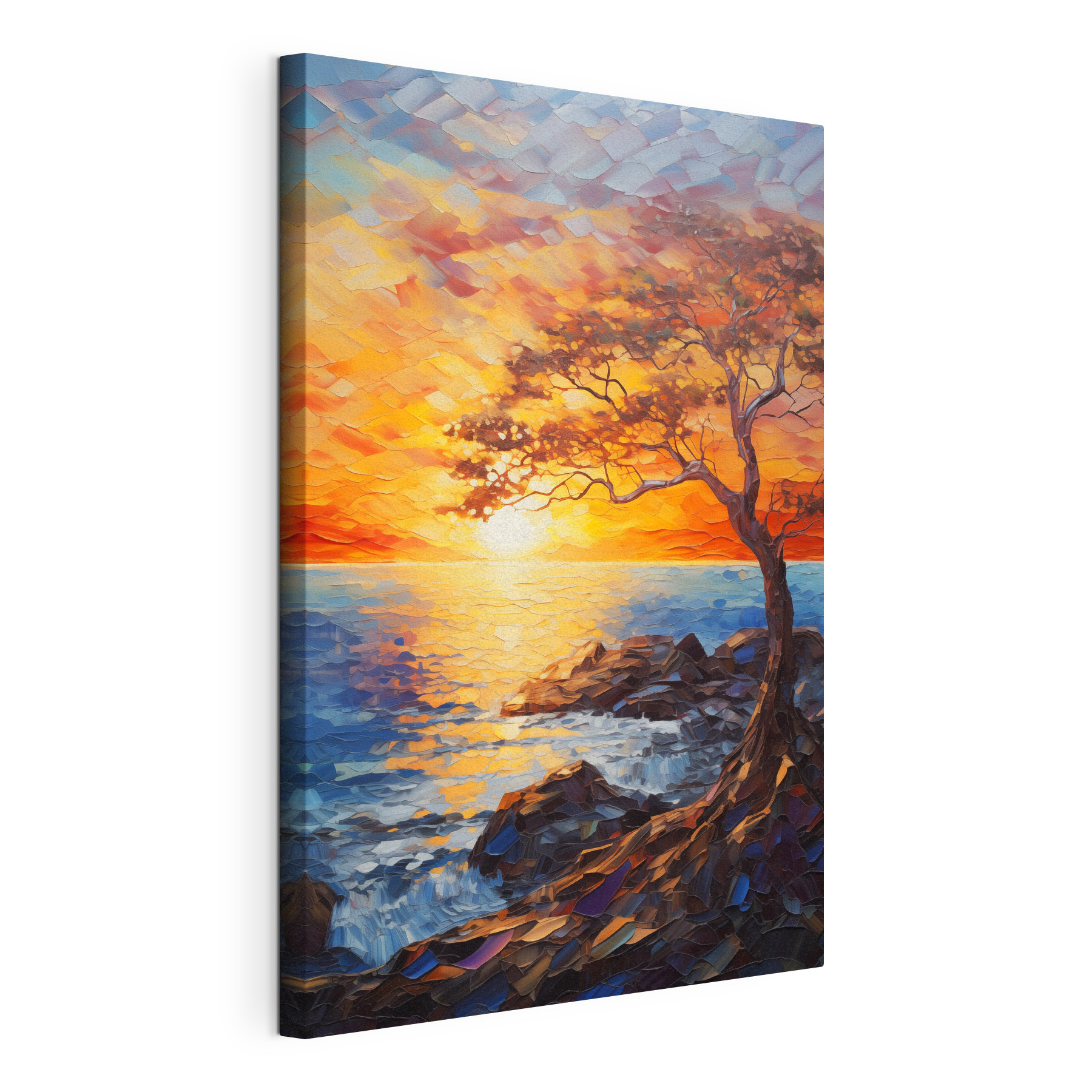 Tree on a rocky shore with a sunset behind it