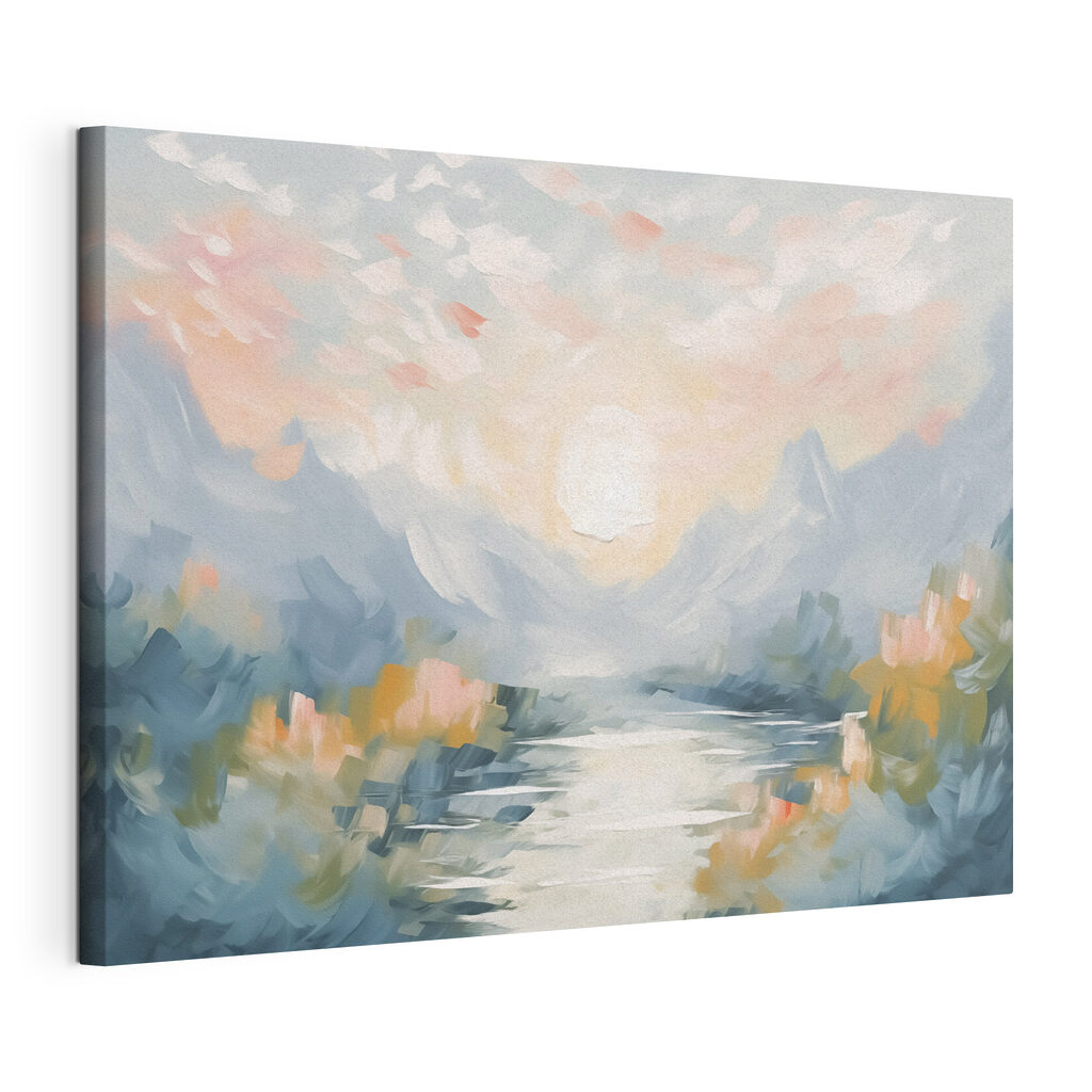 Painting of a river and mountains Painting of a river and mountains