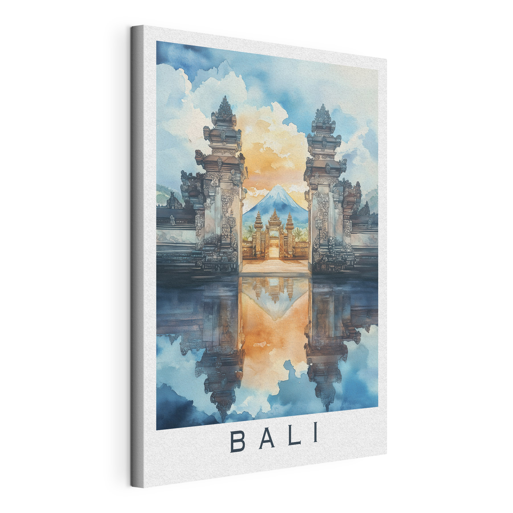 Watercolor painting of a temple with a mountain in the background