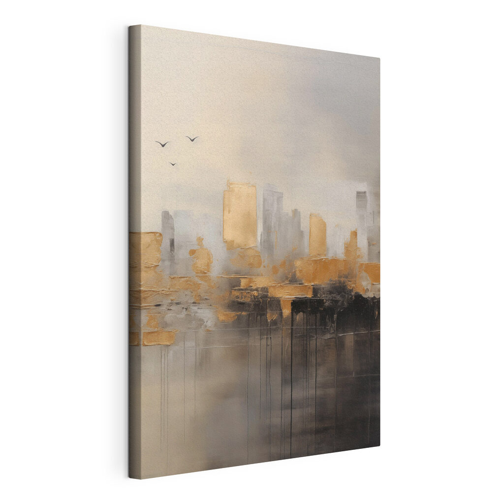 Painting of a city with birds flying in the sky
