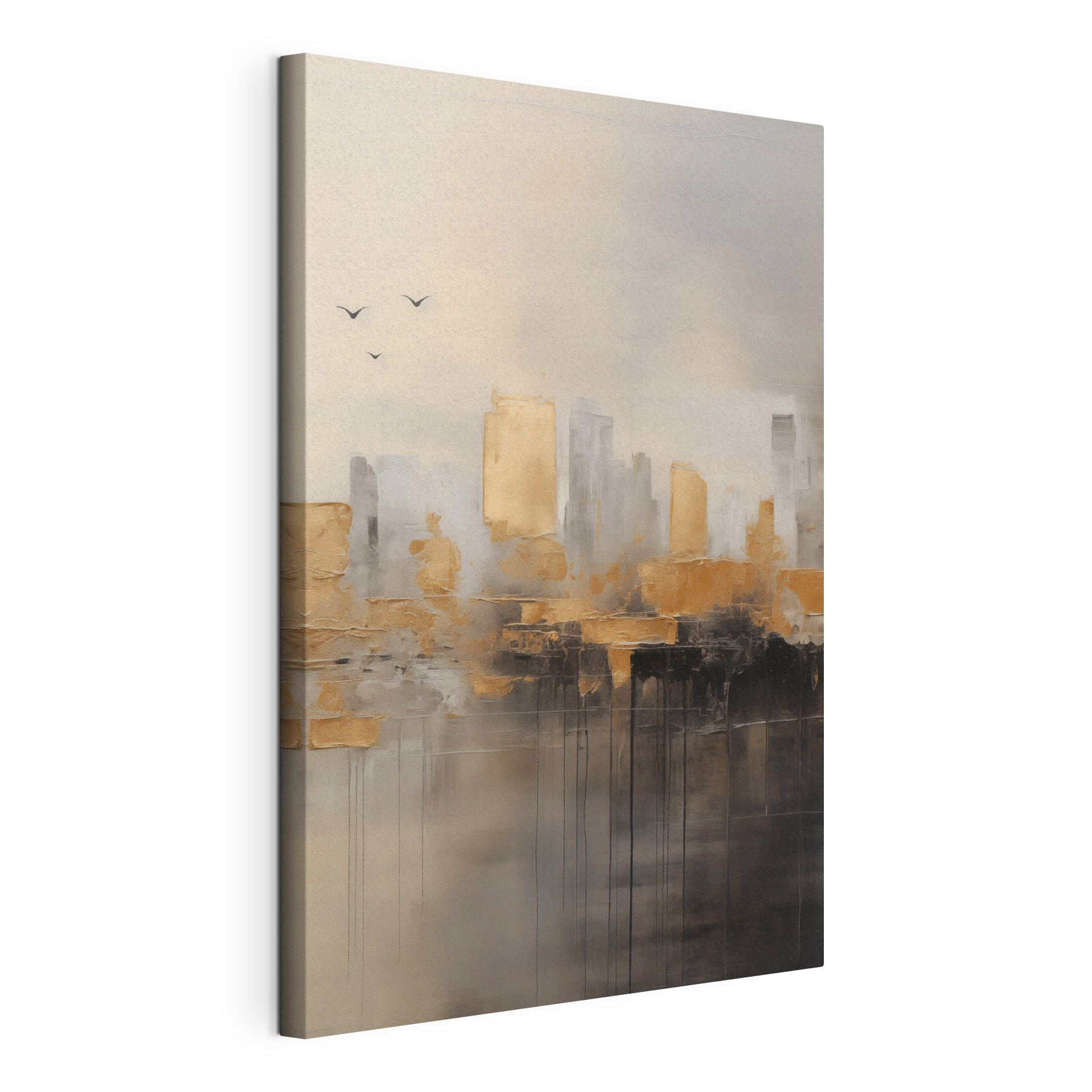 Painting of a city with birds flying in the sky