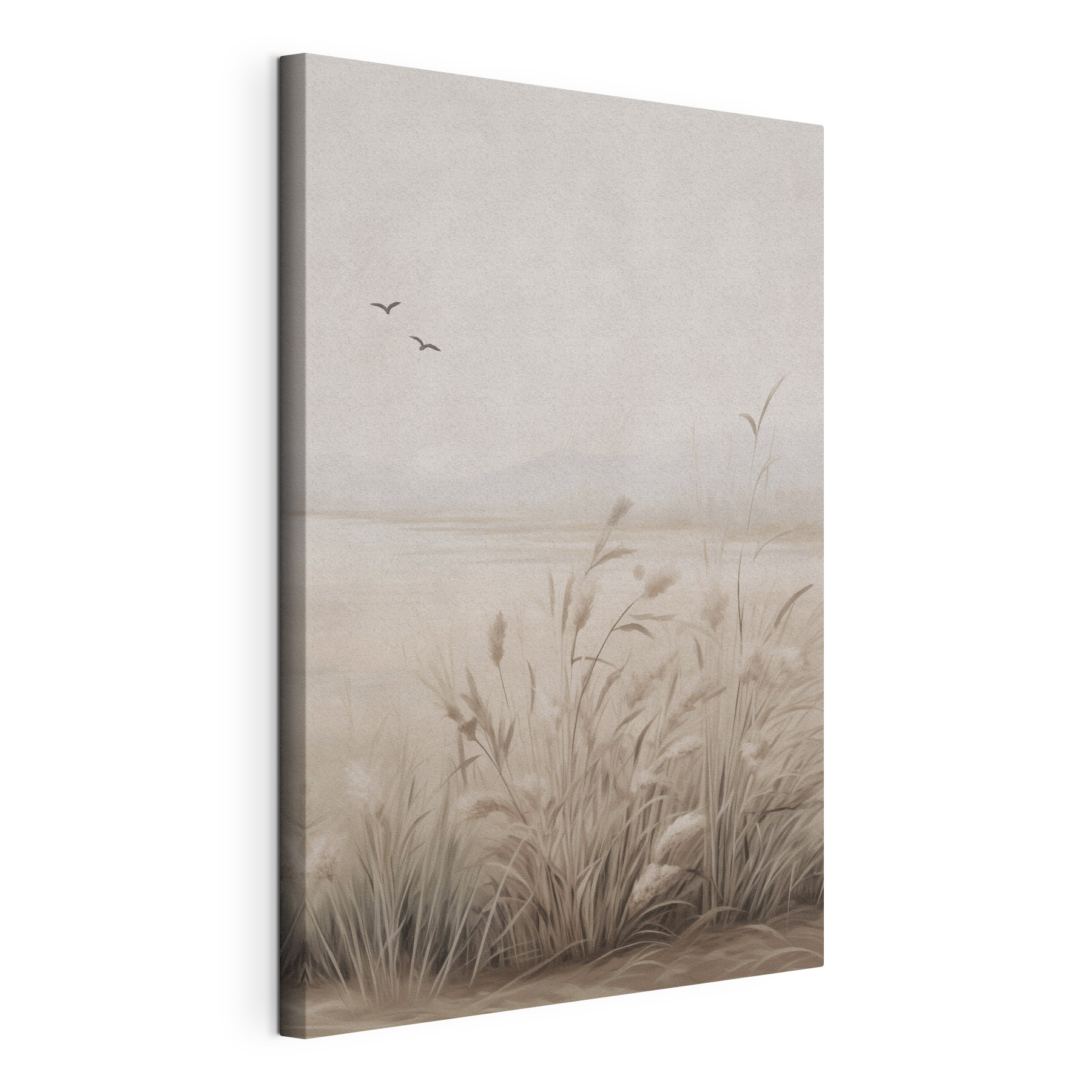 Painting of a field of grass and birds flying in the sky
