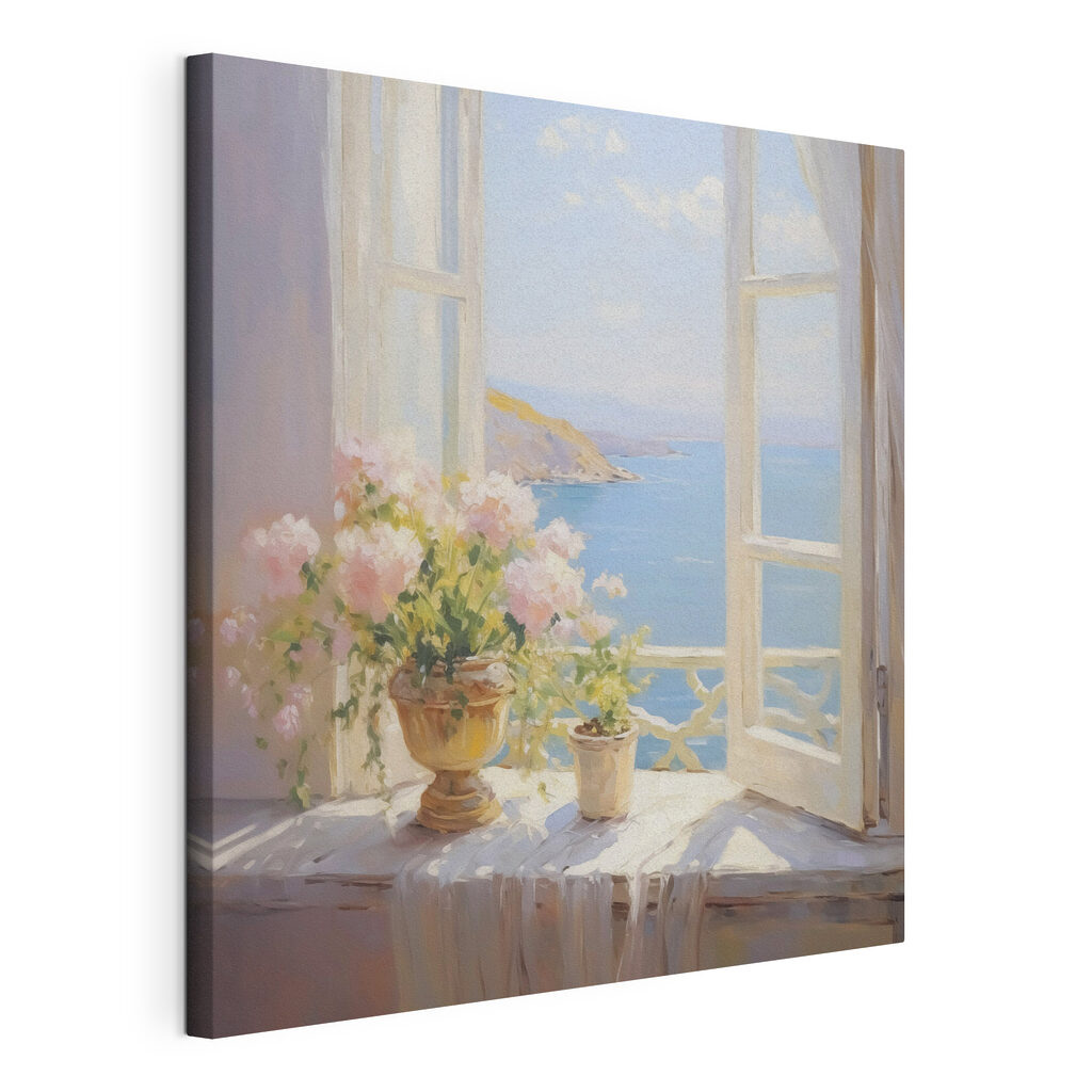 Painting of flowers on a window sill Painting of flowers on a window sill