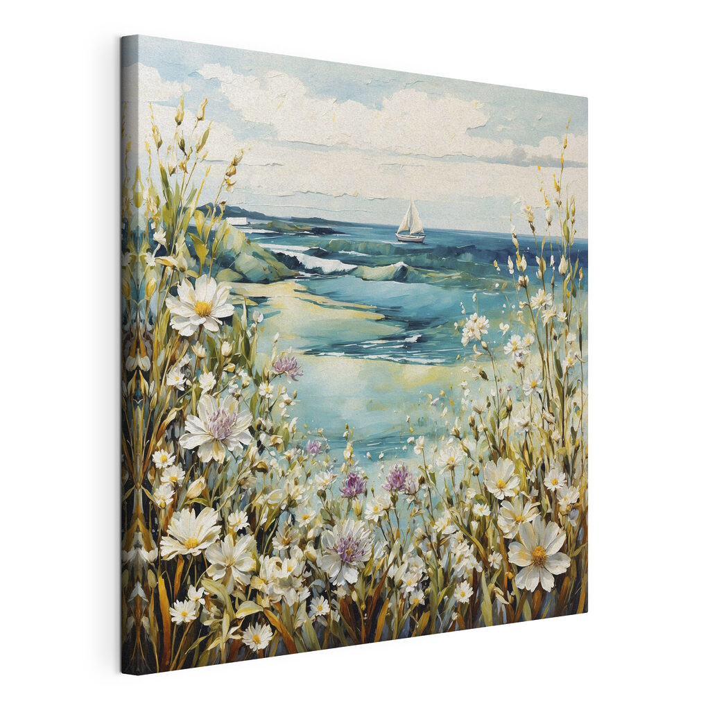 Painting of flowers and a body of water