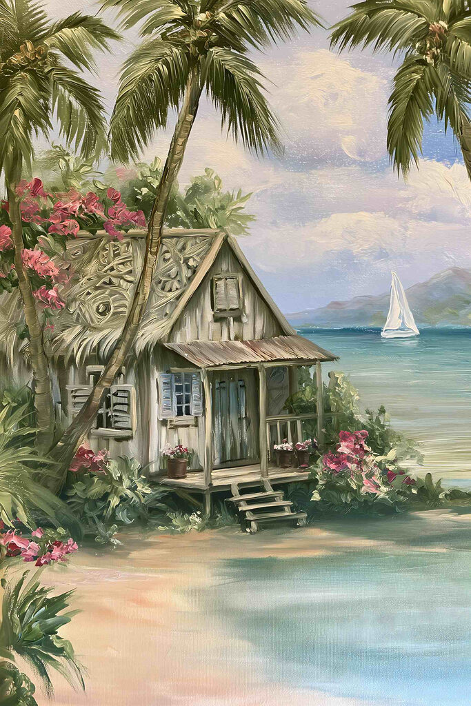 Painting of a house on a beach Painting of a house on a beach