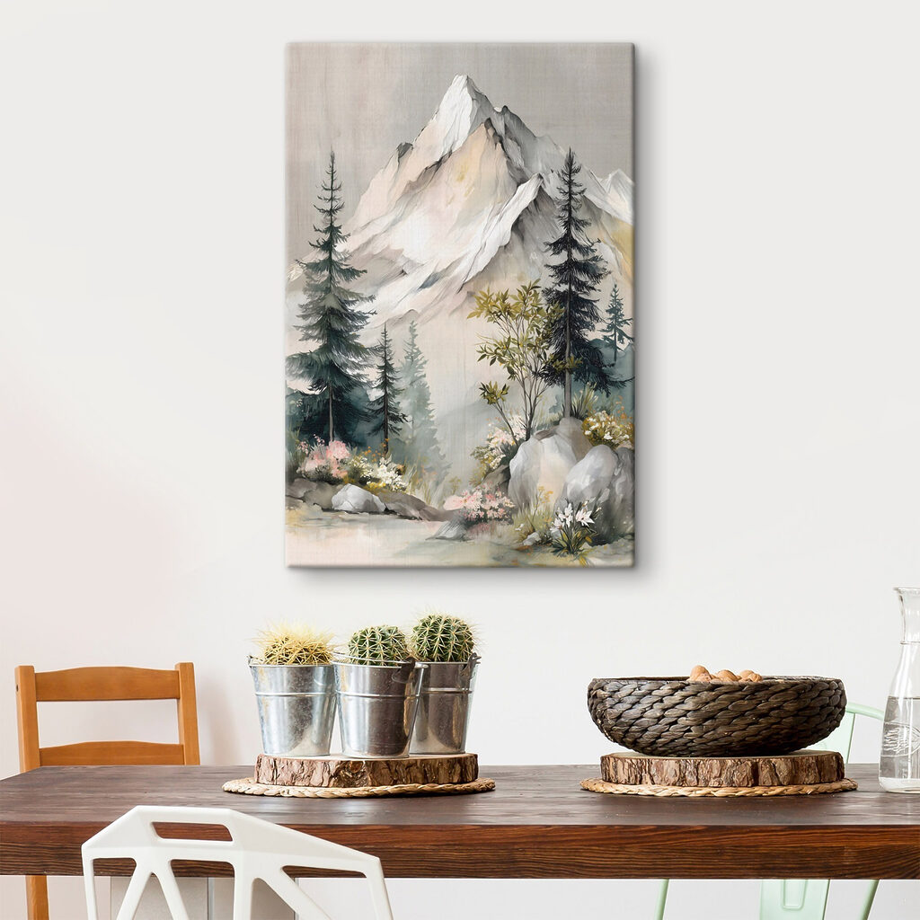 Painting of a mountain with trees and flowers Painting of a mountain with trees and flowers