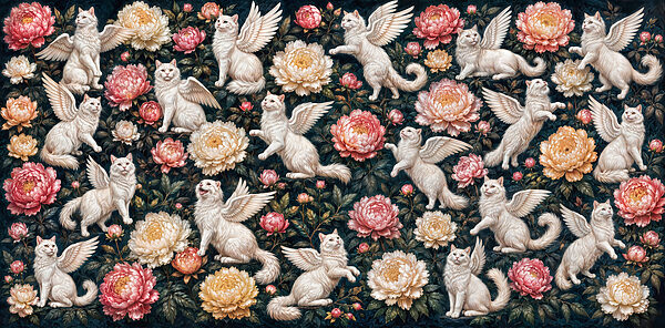 Group of white cats with wings and flowers