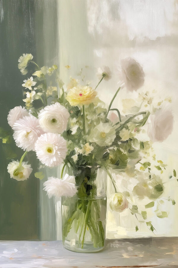 Bouquet of white and yellow flowers in a glass vase