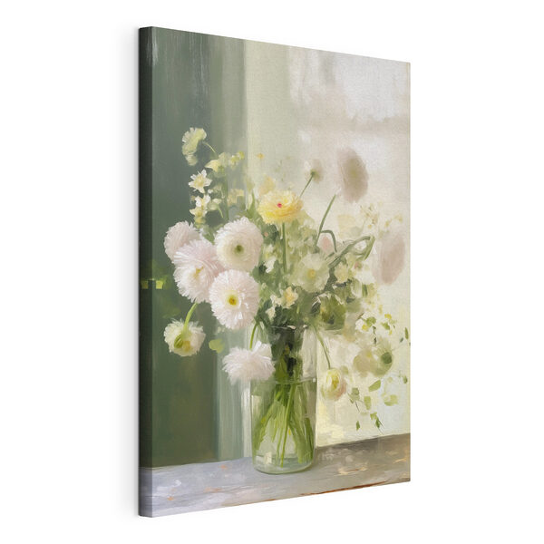 Bouquet of white and yellow flowers in a glass vase