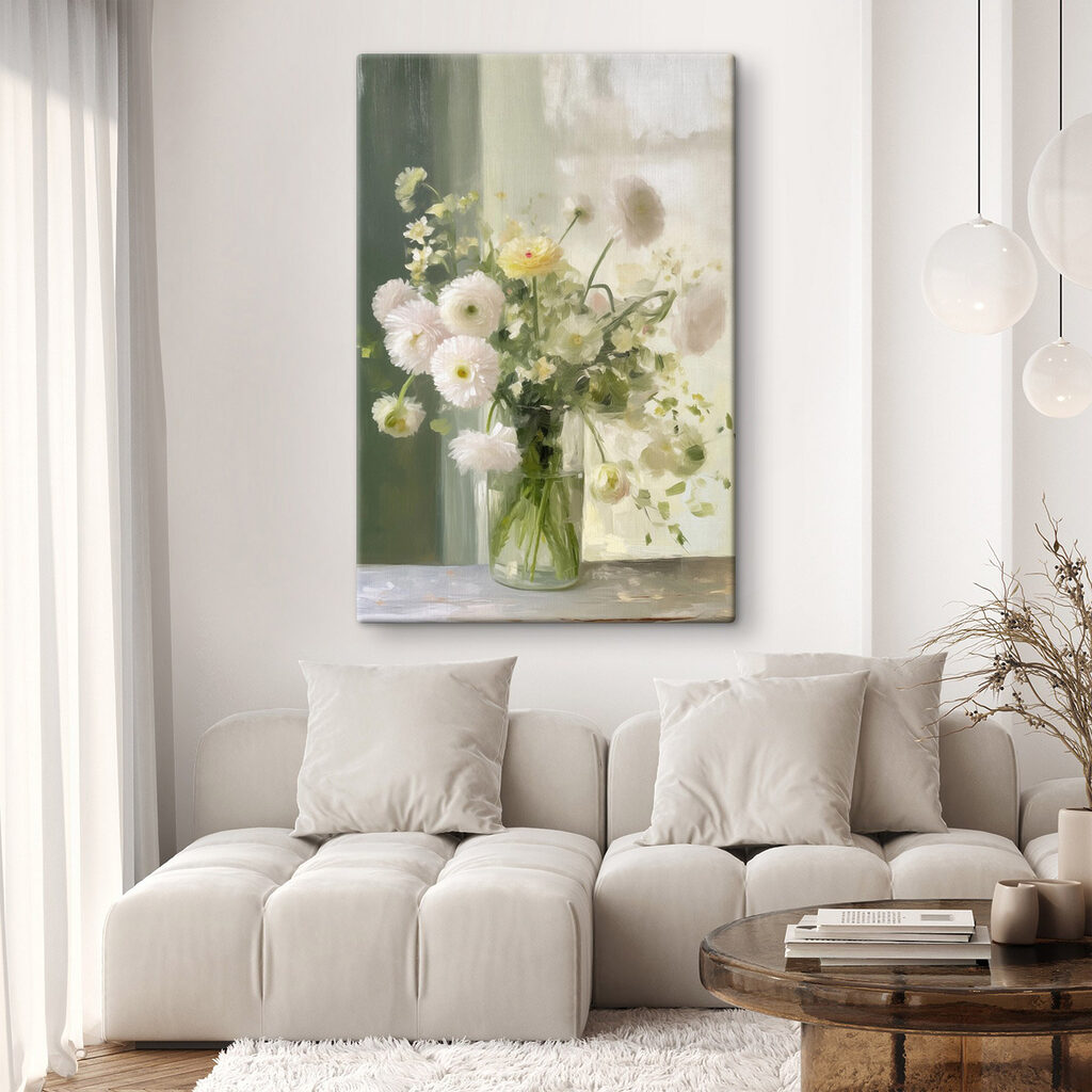 Bouquet of white and yellow flowers in a glass vase
