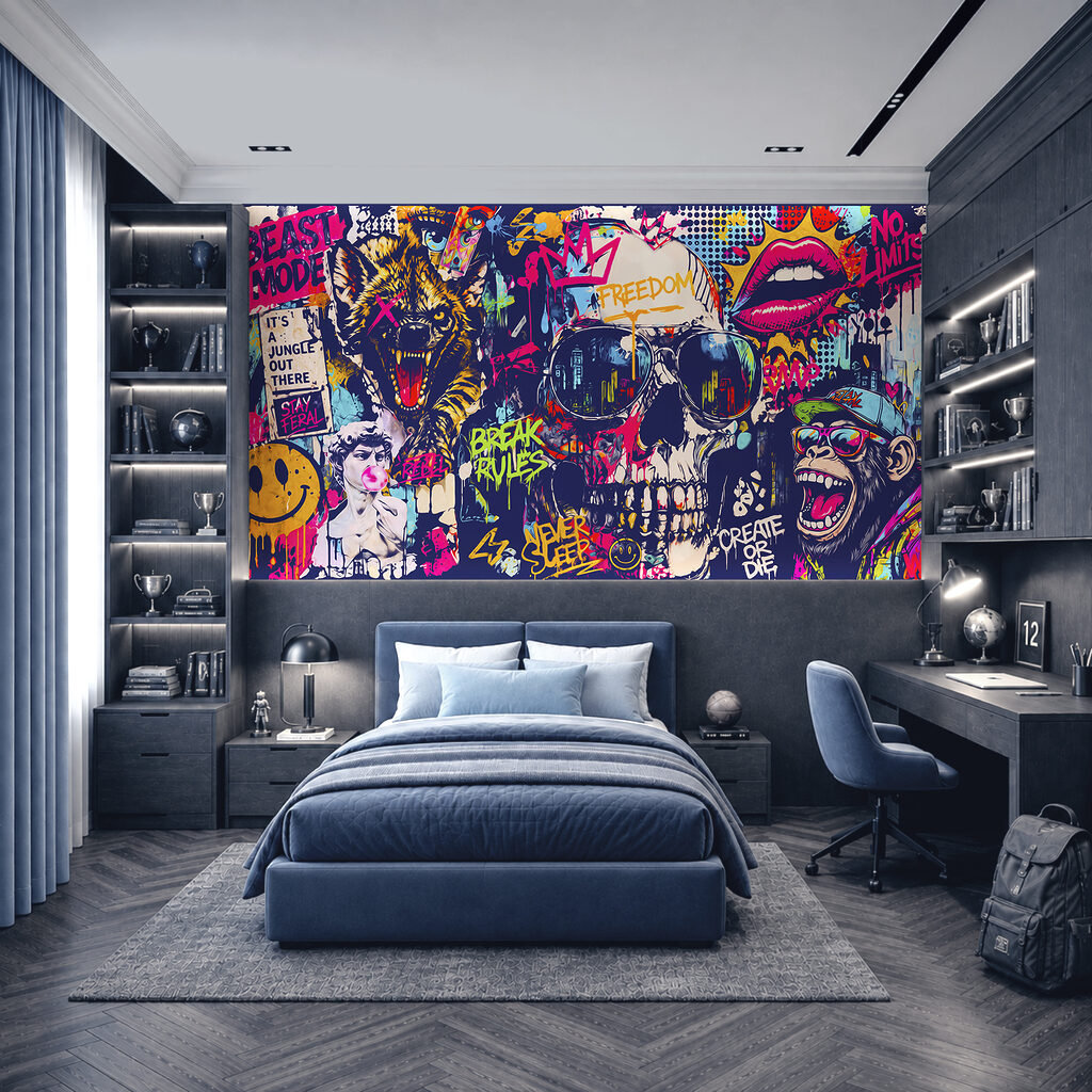 Wall mural Skull with sunglasses and lips and mouth