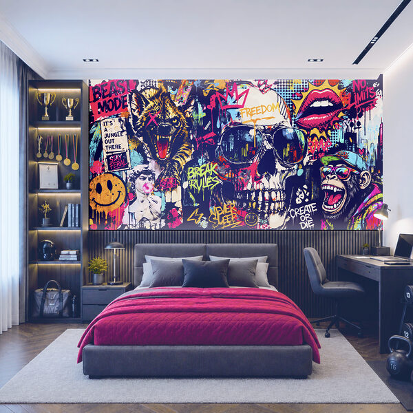 Wall mural Skull with sunglasses and lips and mouth