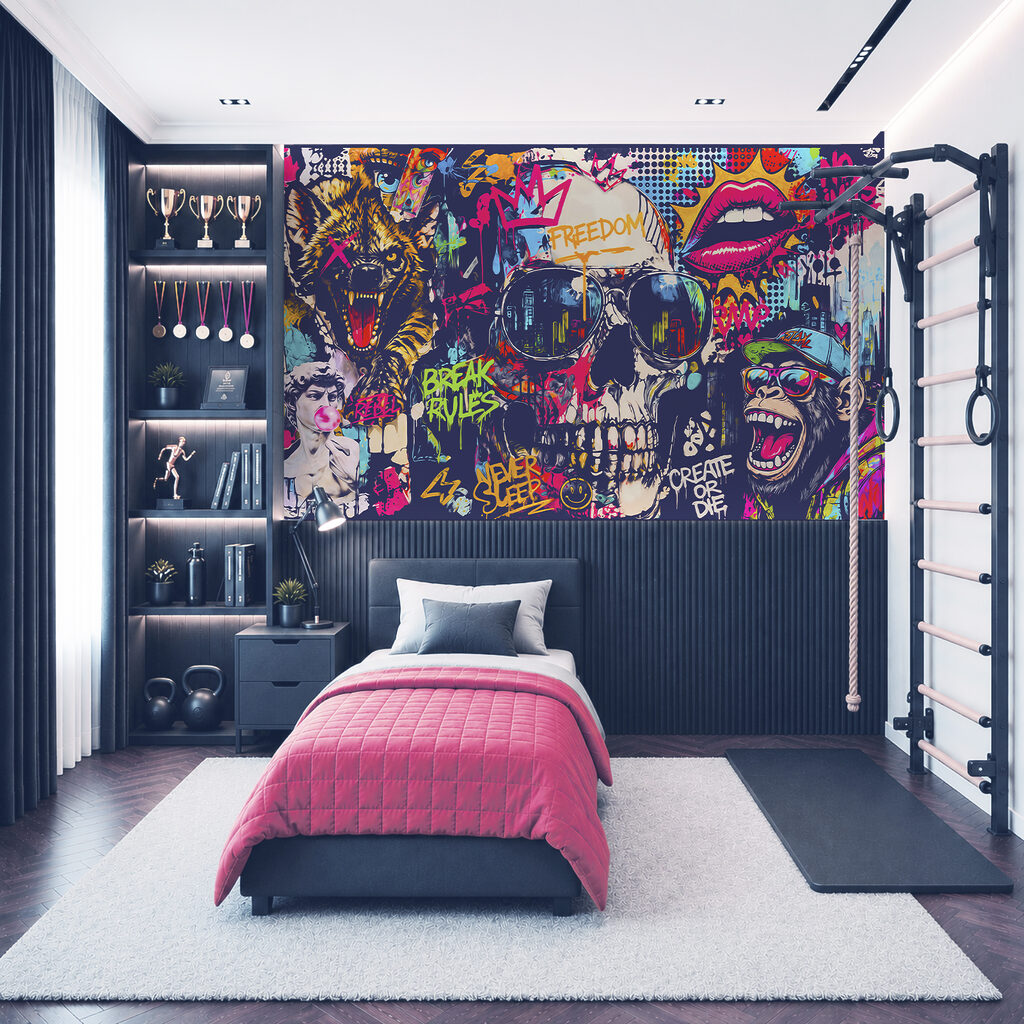 Wall mural Skull with sunglasses and lips and mouth
