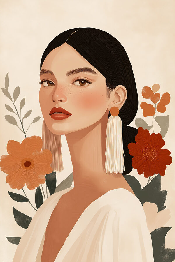 Woman with long earrings and flowers