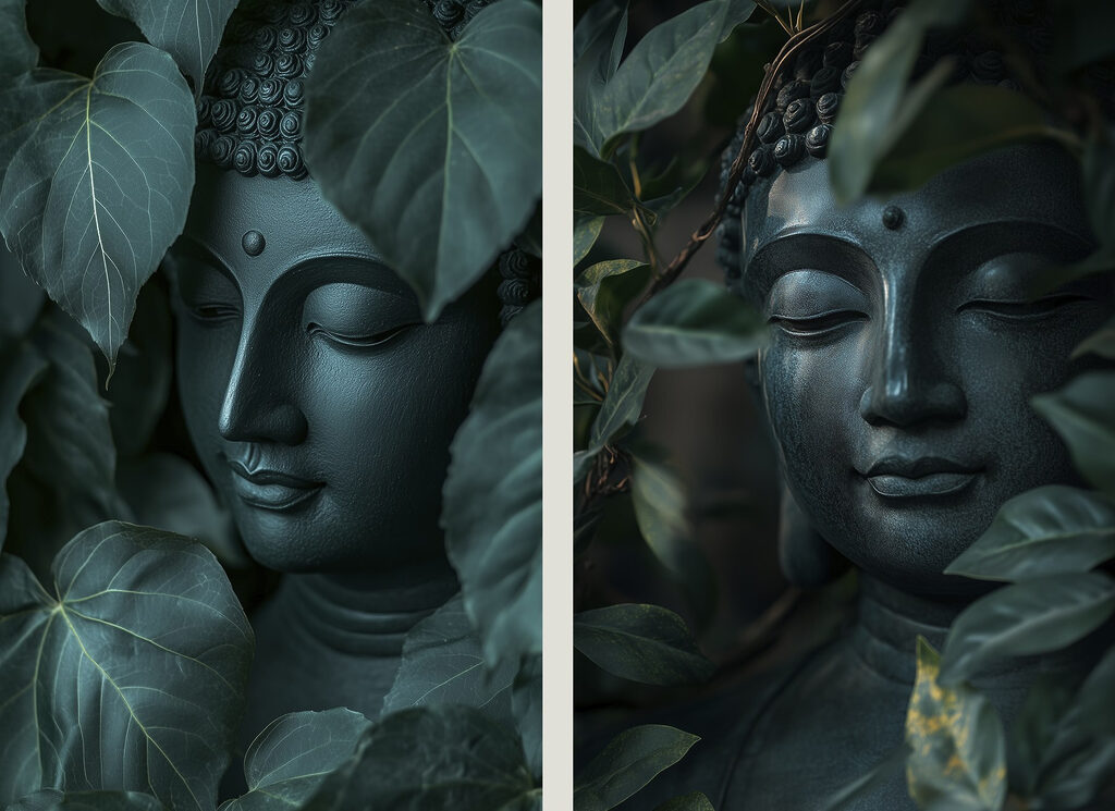 Statue of a person surrounded by leaves