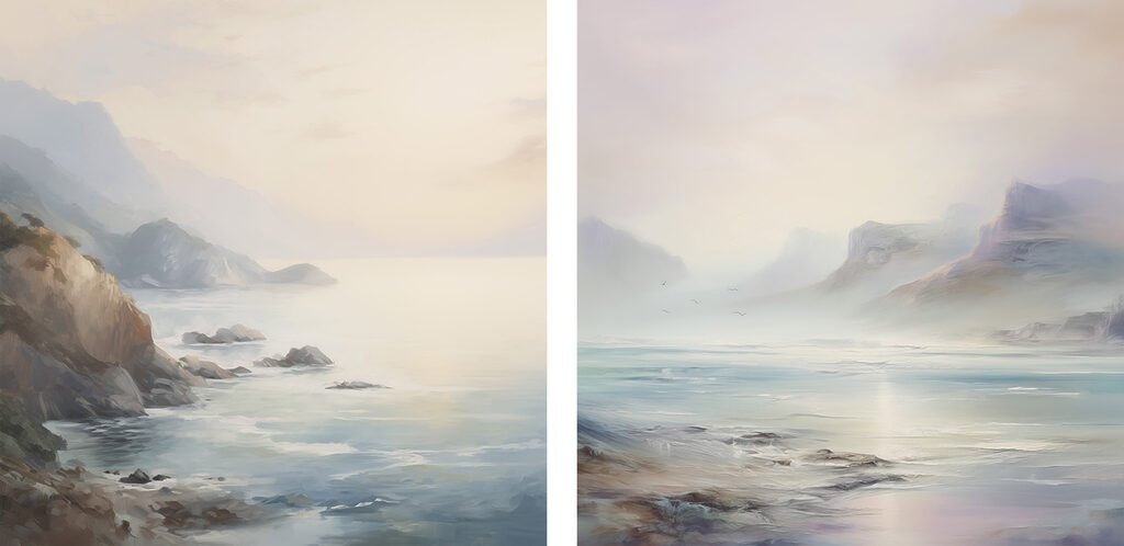 Painting of a beach and a rocky beach Painting of a beach and a rocky beach