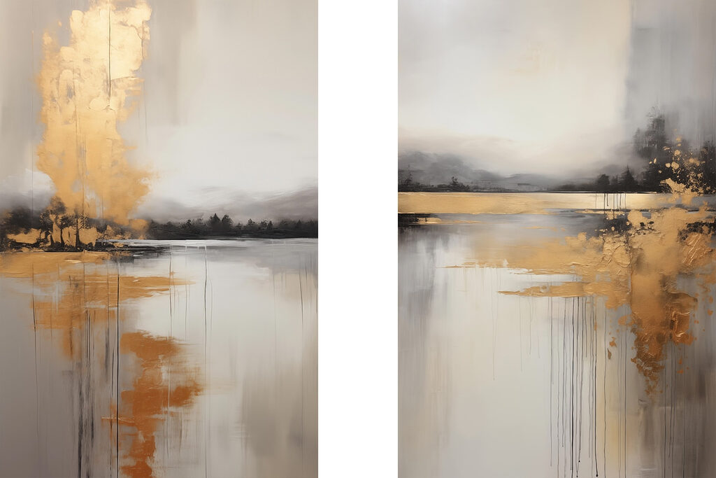 Painting of a lake and a foggy landscape