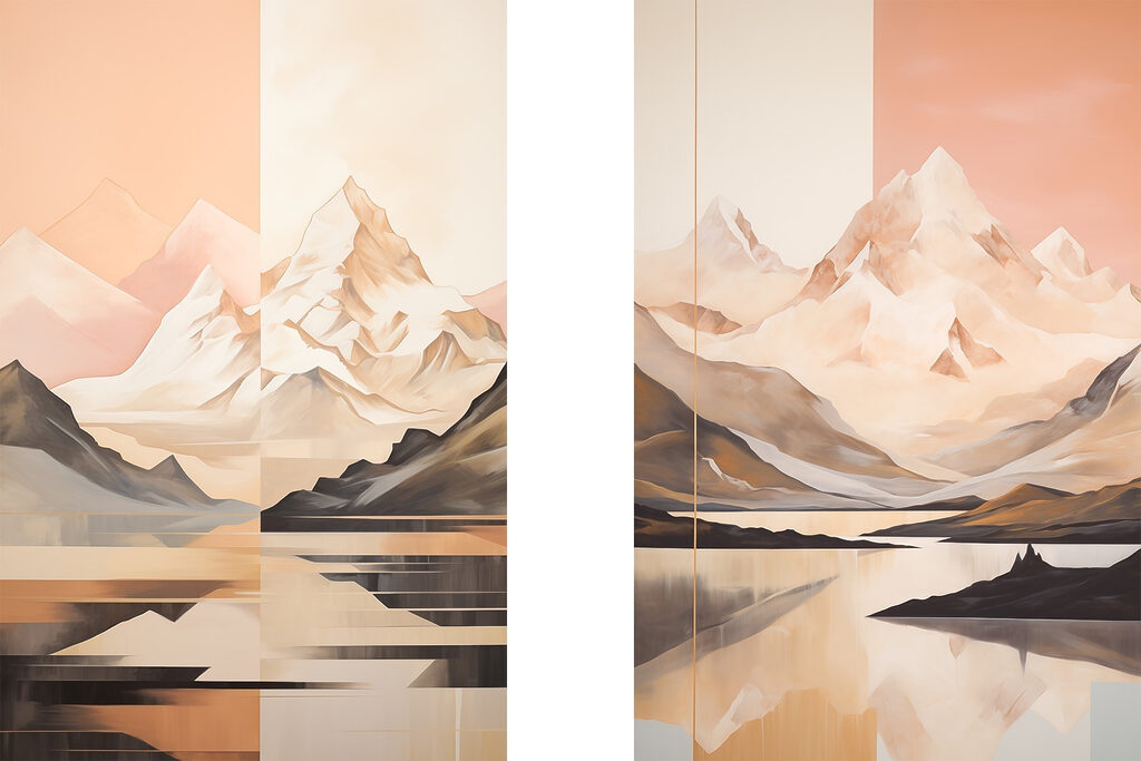 Painting of mountains and a lake