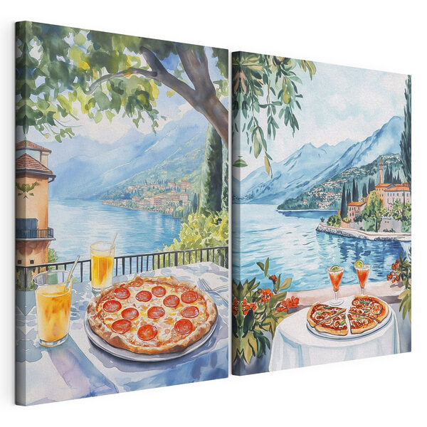 Akwarela przedstawiająca stół z pizzami i napojami Modułowy wydruk na płótnie Akwarela przedstawiająca stół z pizzami i napojami