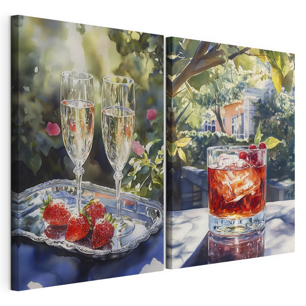 Watercolor painting of glasses of wine and strawberries