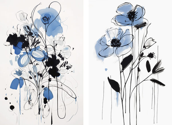 Painting of flowers with black and blue paint