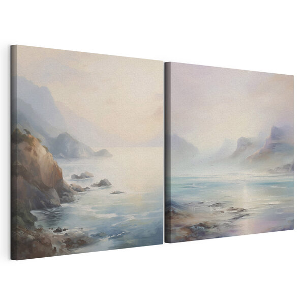 Painting of a beach and a rocky beach Painting of a beach and a rocky beach