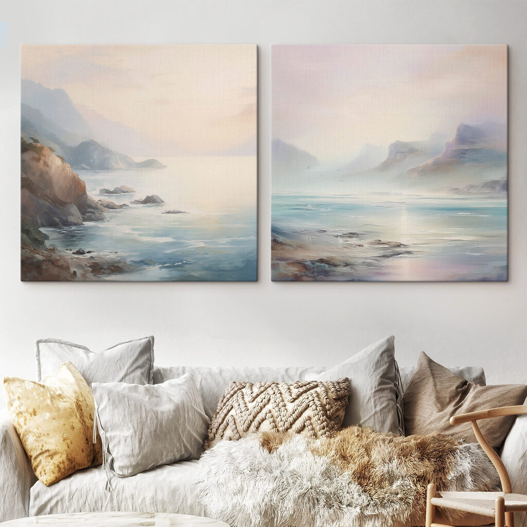 Painting of a beach and a rocky beach Painting of a beach and a rocky beach
