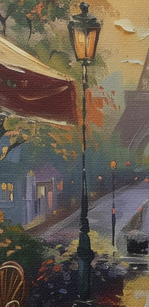 Painting of a street with a tower in the background Painting of a street with a tower in the background