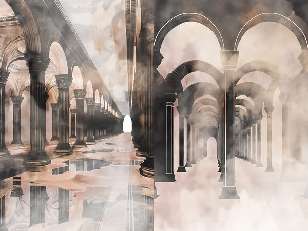 Collage of a hallway with columns and a puddle of water