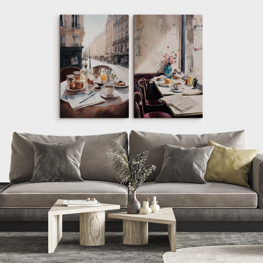 Watercolor painting of a table with food and drinks on it