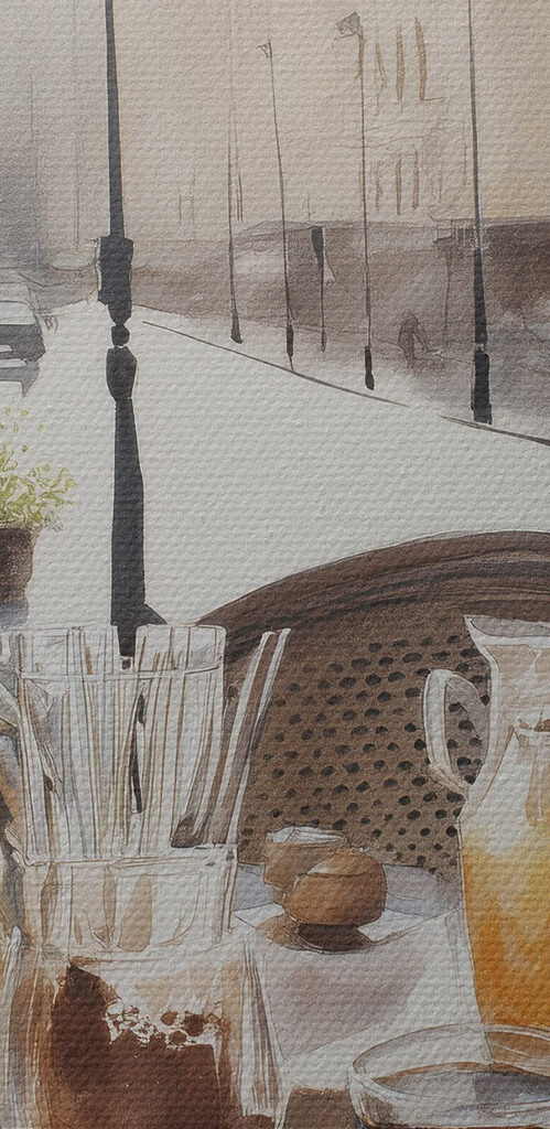 Watercolor painting of a table with food and drinks on it