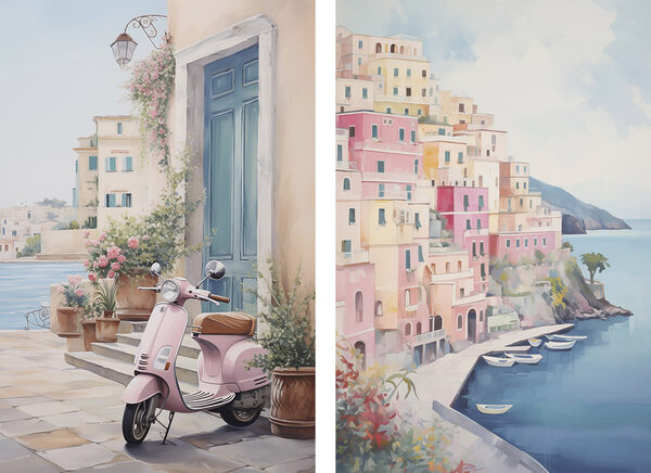 Painting of a pink scooter parked next to a pink building
