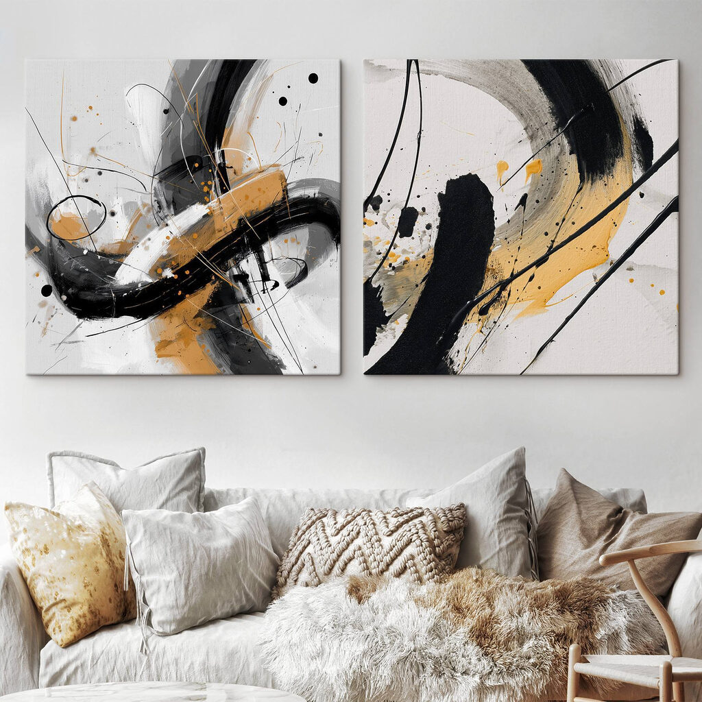 Two art pieces of black and yellow paint