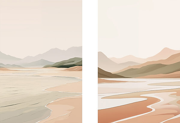 Screenshot of a painting of a beach and mountains