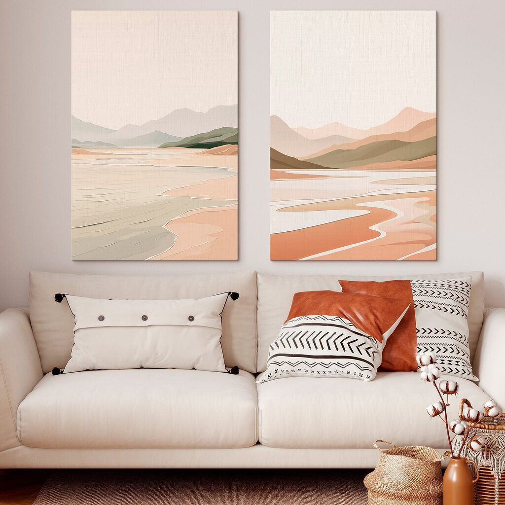 Screenshot of a painting of a beach and mountains