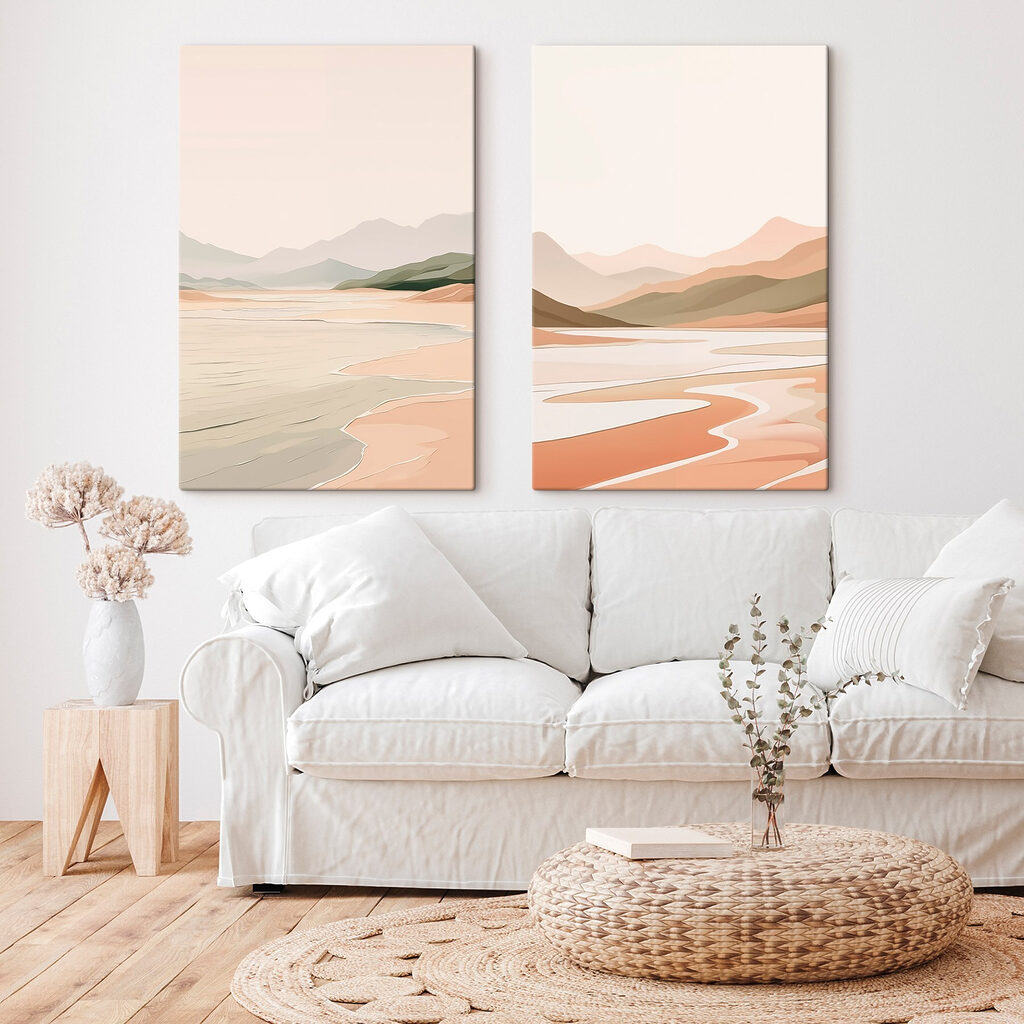 Screenshot of a painting of a beach and mountains