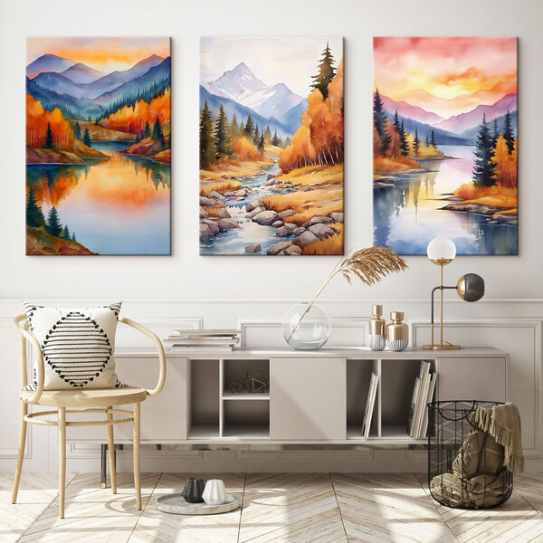 Group of paintings of a river and mountains Group of paintings of a river and mountains