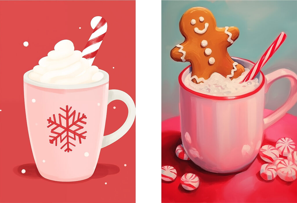 Couple mugs of hot chocolate and a gingerbread man