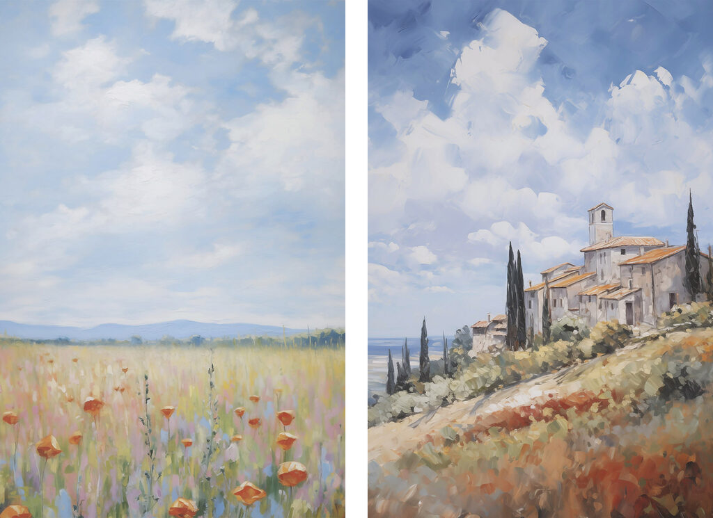 Painting of a landscape with a building and a field of flowers Painting of a landscape with a building and a field of flowers