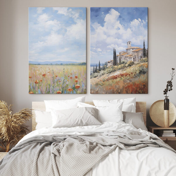 Painting of a landscape with a building and a field of flowers Painting of a landscape with a building and a field of flowers
