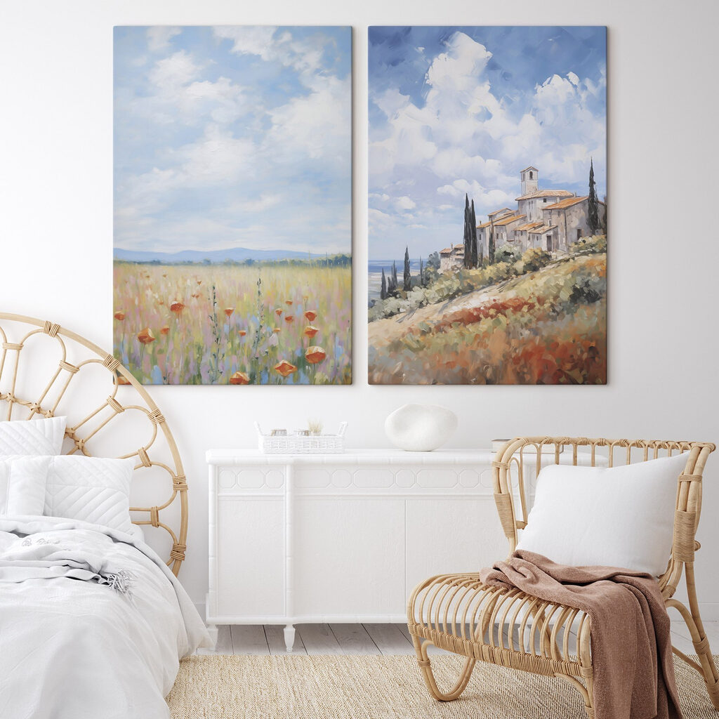 Painting of a landscape with a building and a field of flowers Painting of a landscape with a building and a field of flowers