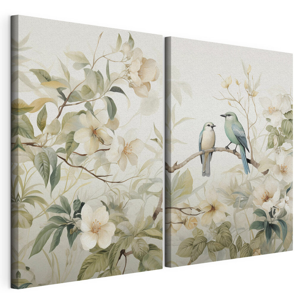 Two birds on a branch with flowers Two birds on a branch with flowers