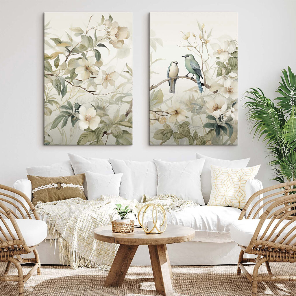 Two birds on a branch with flowers Two birds on a branch with flowers