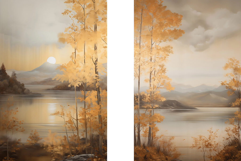 Painting of a mountain and a lake Painting of a mountain and a lake