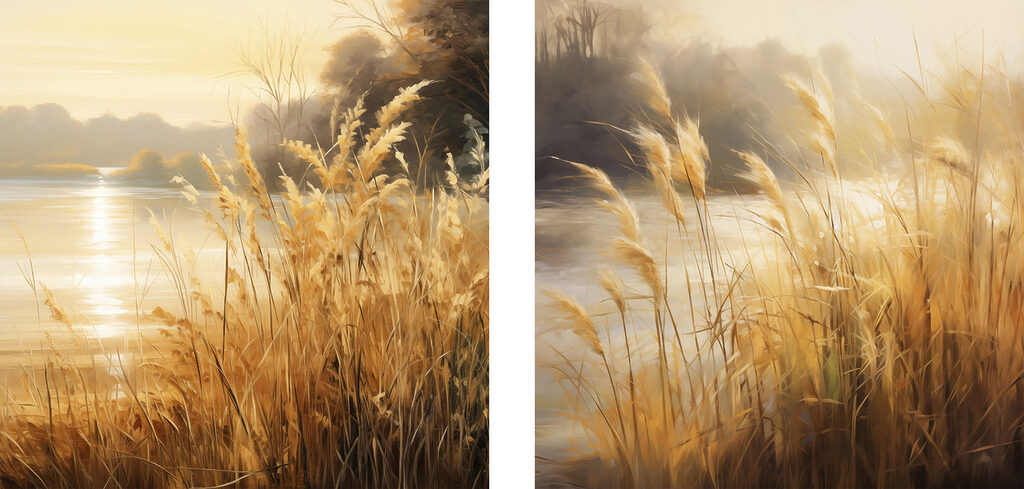 Painting of a river and a field of grass Painting of a river and a field of grass